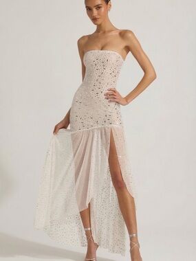 Oh Polly White Strapless Sequin Maxi Dress with High Slit US Size 4